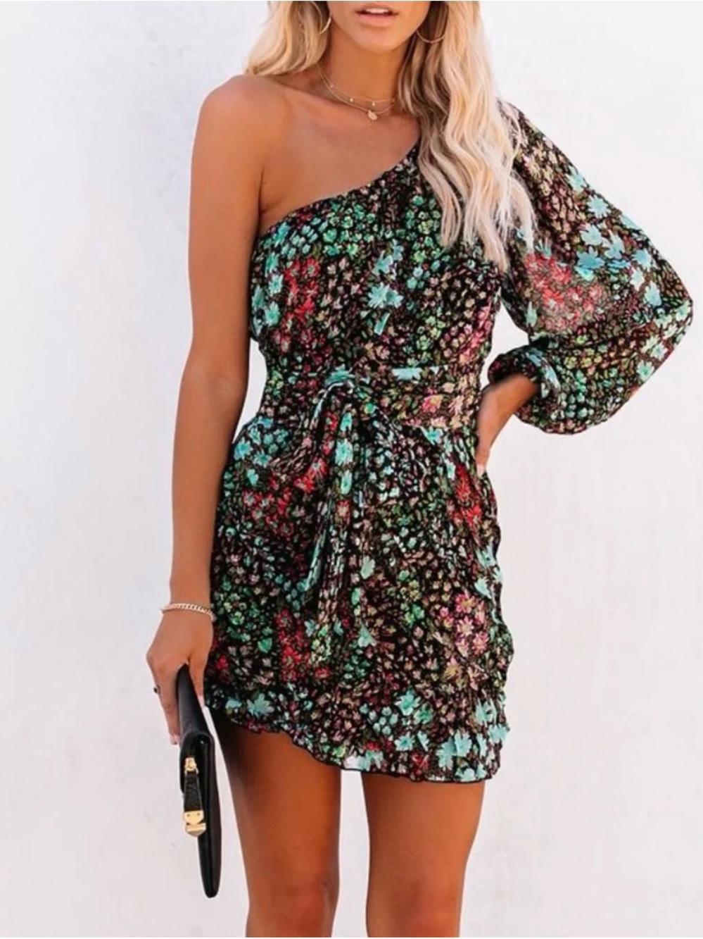 *VICI* Skylar+Madison Fun In The Sun Floral One Shoulder Dress -Black, Teal, Red